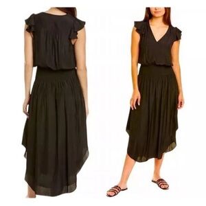 Ramy Brook Yassi V-Neck Flutter Sleeves Black Midi Dress Size Small NWOT